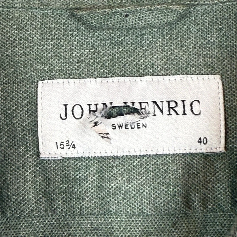 John Henric Shirt Men Small 40-15.5‎ Green Full Zip Long Sleeve Collared Classic